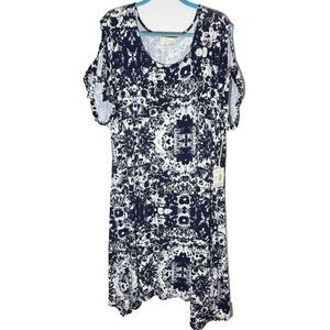 Dept 222 Dress Sz 3X NEW Blue White Print Tie Open‎ Sleeve Soft Flowy Stretch